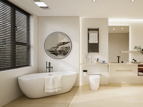 Ancient and modern, serene and elegant minimalist bathroom.