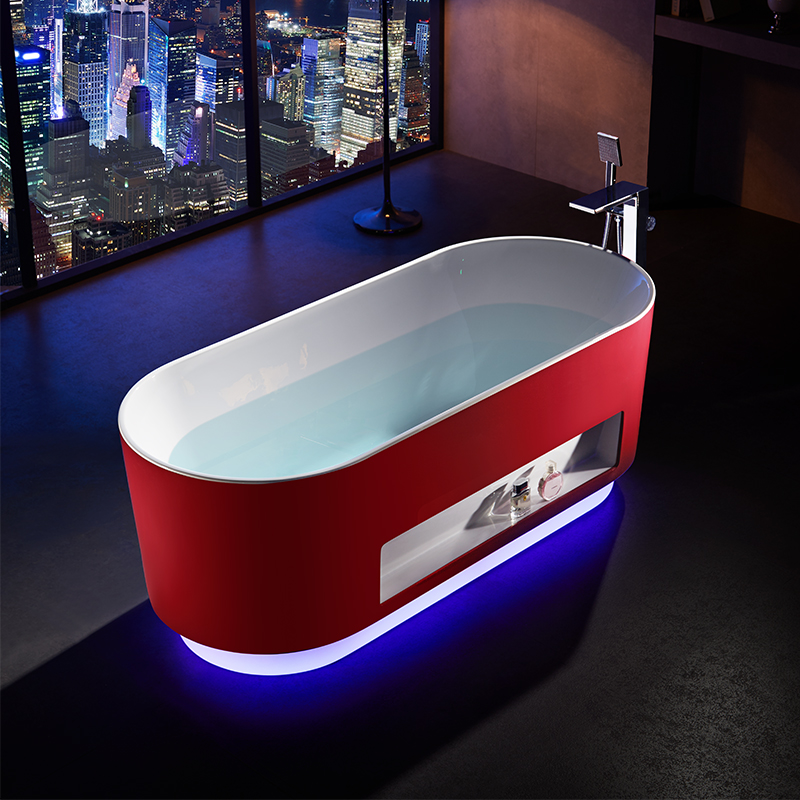 Acrylic Free-standing Bathtub with 7-color LED Decoration Light Plus Storage Shelf