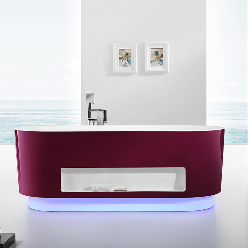 Acrylic Free-standing Bathtub with 7-color LED Decoration Light Plus Storage Shelf